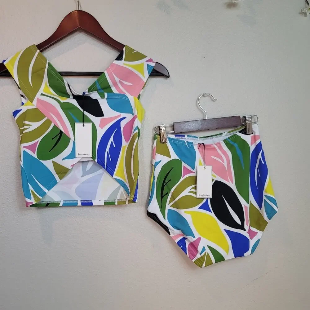 HERMOZA Caroline Retro High Swim Bikini Set High Waisted w Wrap Top Beach Cruise